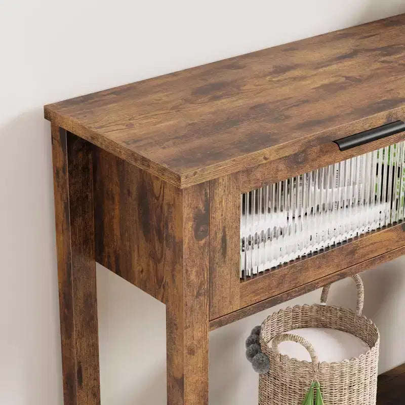 Console en bois pour entrée 43,3 po Table de canapé étroite avec 2 tiroirs en verre, étagère de rangement en MDF de style ferme pour salon et vestibule