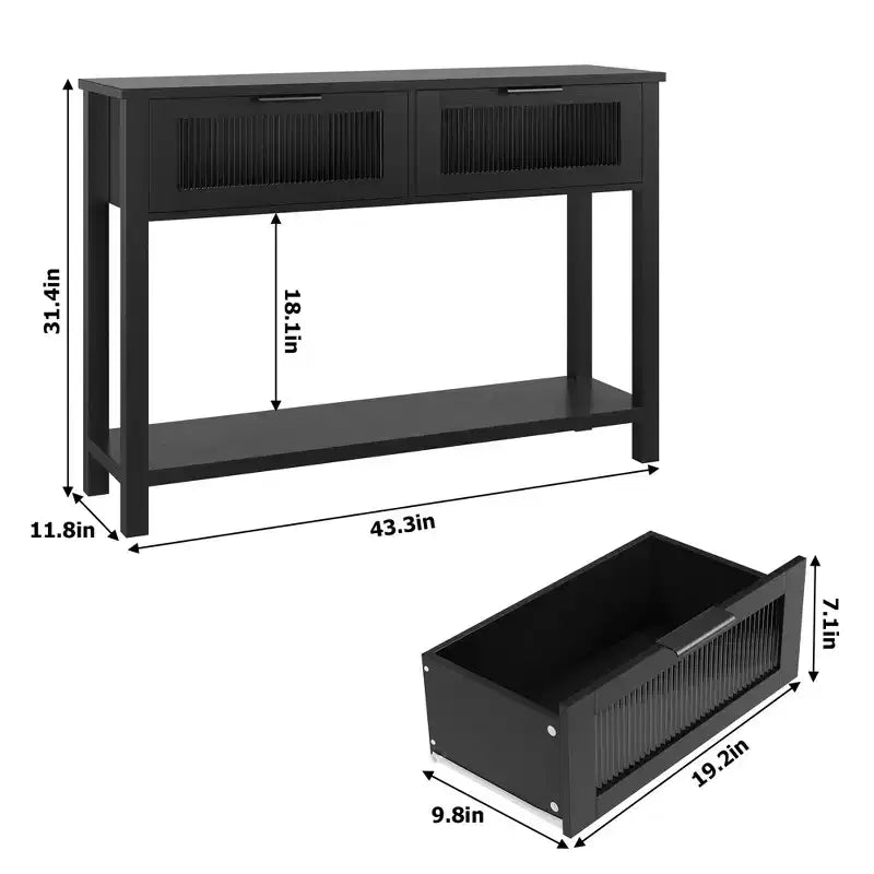 Console en bois pour entrée 43,3 po Table de canapé étroite avec 2 tiroirs en verre, étagère de rangement en MDF de style ferme pour salon et vestibule