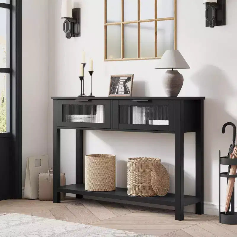 Console en bois pour entrée 43,3 po Table de canapé étroite avec 2 tiroirs en verre, étagère de rangement en MDF de style ferme pour salon et vestibule