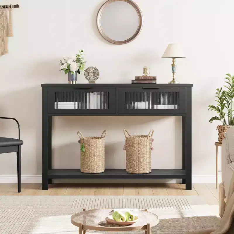 Console en bois pour entrée 43,3 po Table de canapé étroite avec 2 tiroirs en verre, étagère de rangement en MDF de style ferme pour salon et vestibule