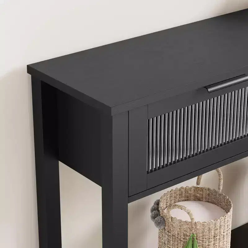 Console en bois pour entrée 43,3 po Table de canapé étroite avec 2 tiroirs en verre, étagère de rangement en MDF de style ferme pour salon et vestibule