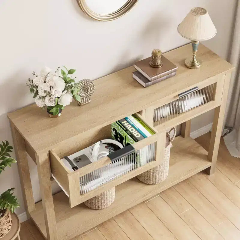 Console en bois pour entrée 43,3 po Table de canapé étroite avec 2 tiroirs en verre, étagère de rangement en MDF de style ferme pour salon et vestibule