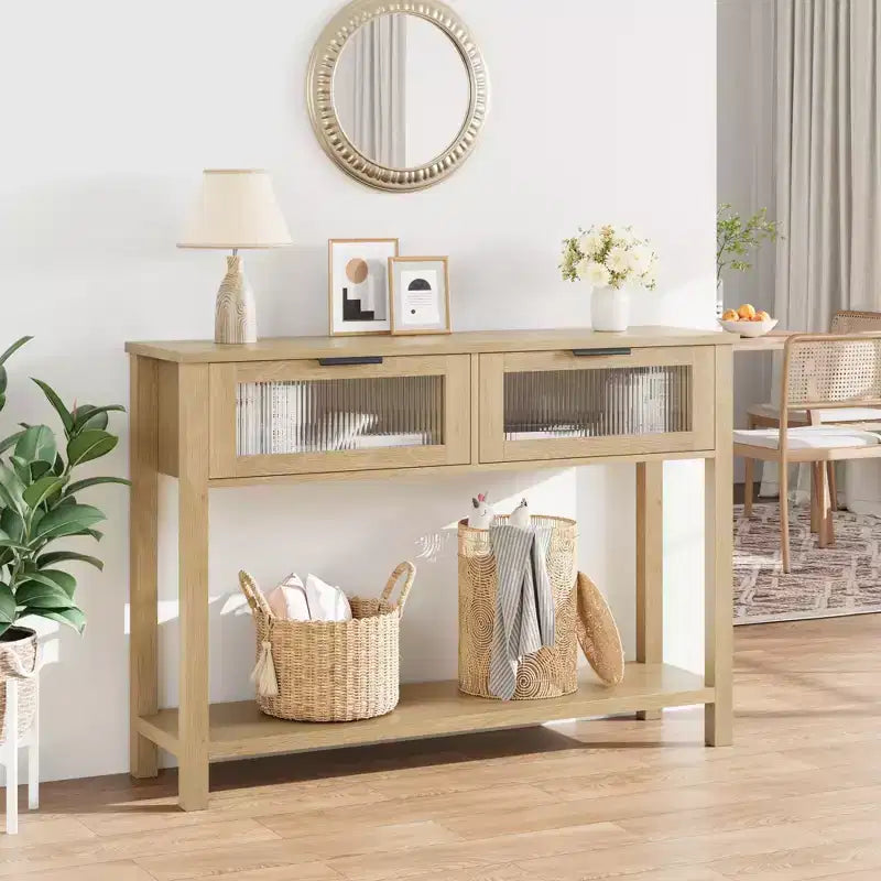 Console en bois pour entrée 43,3 po Table de canapé étroite avec 2 tiroirs en verre, étagère de rangement en MDF de style ferme pour salon et vestibule