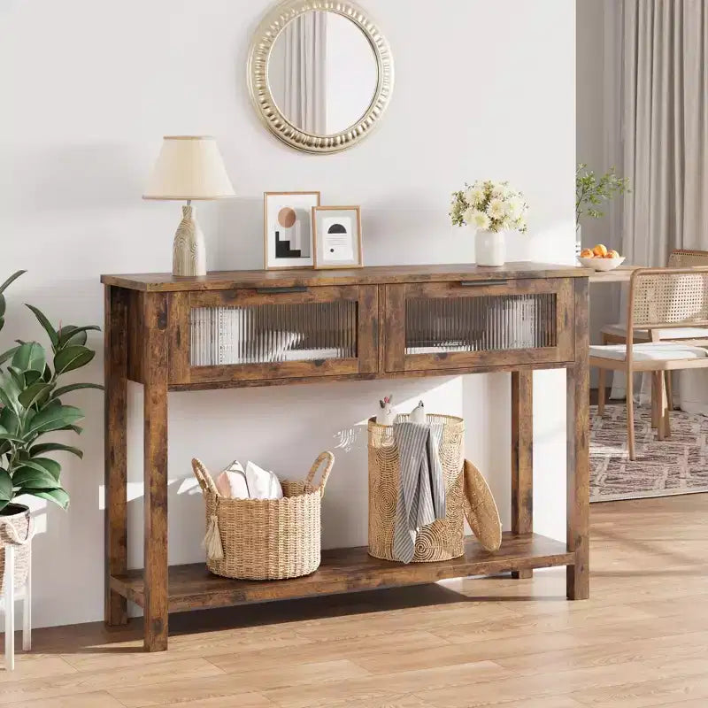 Console en bois pour entrée 43,3 po Table de canapé étroite avec 2 tiroirs en verre, étagère de rangement en MDF de style ferme pour salon et vestibule
