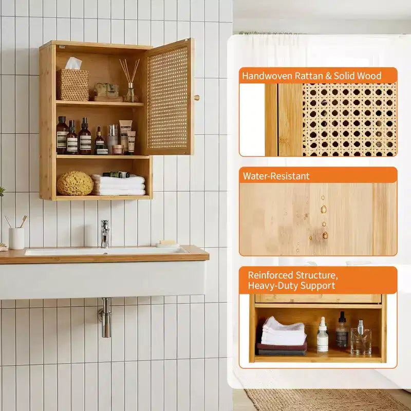 Meuble mural en bambou avec portes en rotin, Organiseur de rangement sur pied, Étagère réglable, Armoire à pharmacie murale pour buanderie