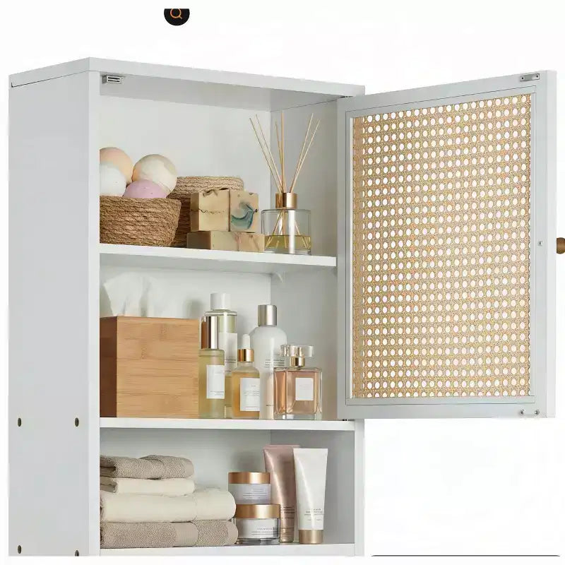 Meuble mural en bambou avec portes en rotin, Organiseur de rangement sur pied, Étagère réglable, Armoire à pharmacie murale pour buanderie