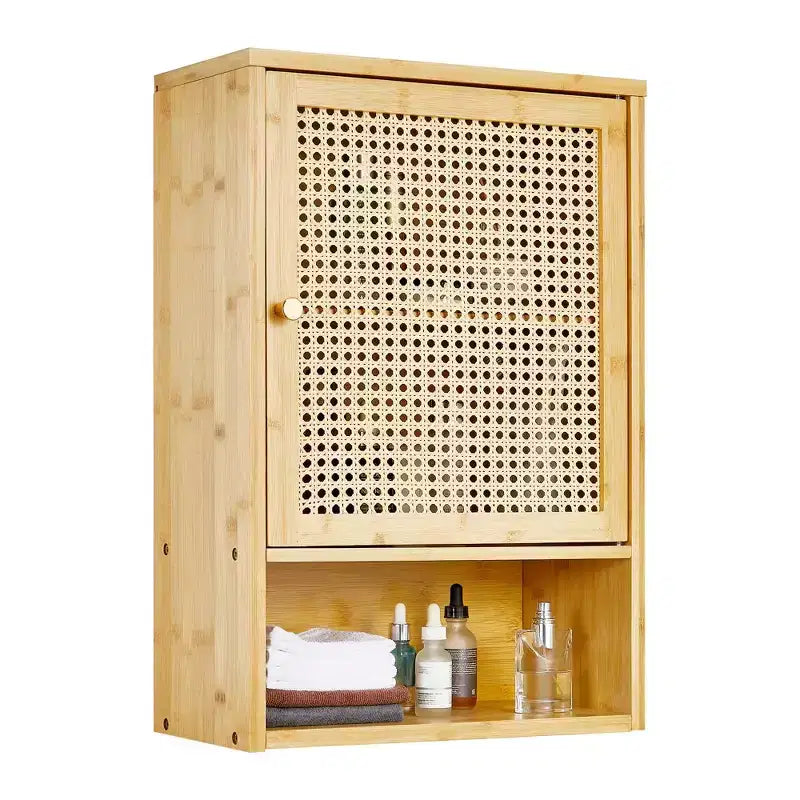 Bamboo Wall Cabinet with Rattan Doors, Over-The-Toilet Storage Organizer, Adjustable Shelf, Wall-Mounted Medicine Cabinet for Laundry