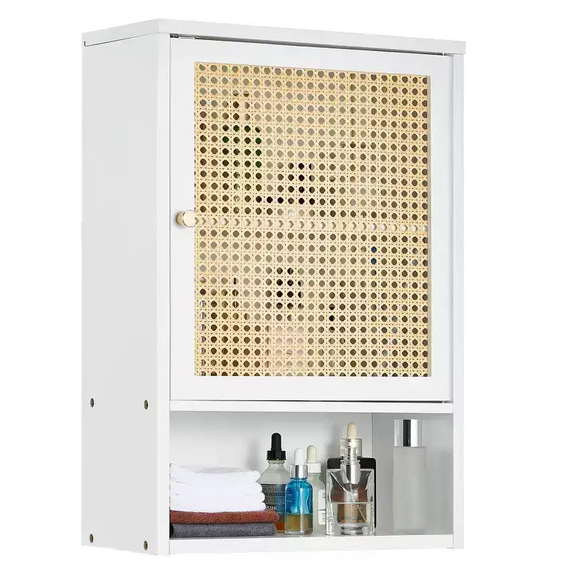 Meuble mural en bambou avec portes en rotin, Organiseur de rangement sur pied, Étagère réglable, Armoire à pharmacie murale pour buanderie