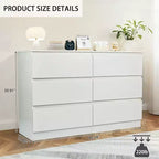 Commode blanche à 6 tiroirs, commode moderne pour chambre à coucher avec plateau spacieux, meuble en bois avec poignées dissimulées et 6 tiroirs profonds pour chambre à coucher
