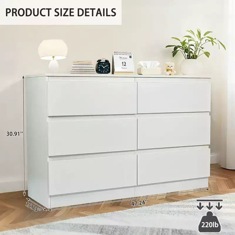 Commode blanche à 6 tiroirs, commode moderne pour chambre à coucher avec plateau spacieux, meuble en bois avec poignées dissimulées et 6 tiroirs profonds pour chambre à coucher