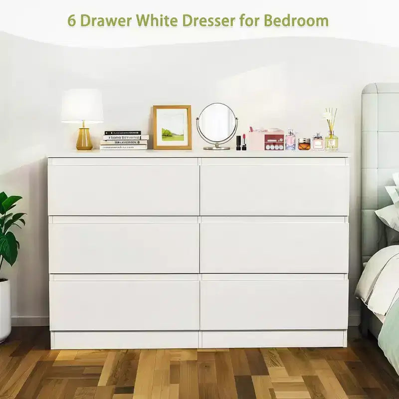 Commode blanche à 6 tiroirs, commode moderne pour chambre à coucher avec plateau spacieux, meuble en bois avec poignées dissimulées et 6 tiroirs profonds pour chambre à coucher