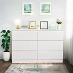 Commode blanche à 6 tiroirs, commode moderne pour chambre à coucher avec plateau spacieux, meuble en bois avec poignées dissimulées et 6 tiroirs profonds pour chambre à coucher