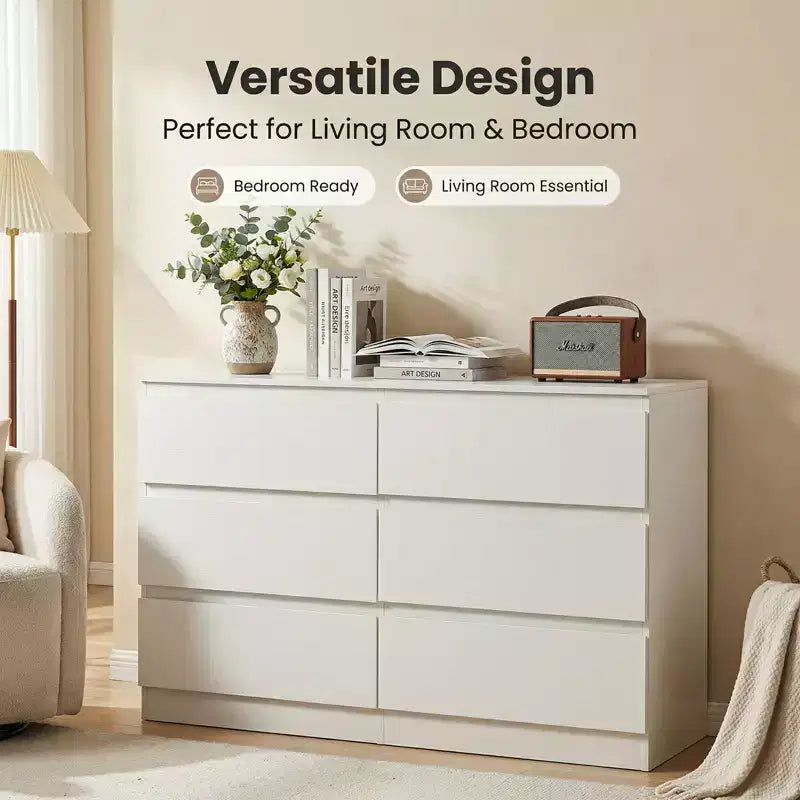Commode blanche à 6 tiroirs, commode moderne pour chambre à coucher avec plateau spacieux, meuble en bois avec poignées dissimulées et 6 tiroirs profonds pour chambre à coucher