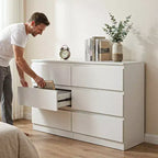 Commode blanche à 6 tiroirs, commode moderne pour chambre à coucher avec plateau spacieux, meuble en bois avec poignées dissimulées et 6 tiroirs profonds pour chambre à coucher