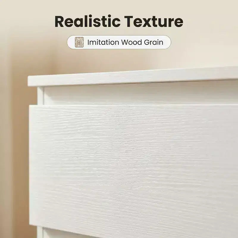 Commode blanche à 6 tiroirs, commode moderne pour chambre à coucher avec plateau spacieux, meuble en bois avec poignées dissimulées et 6 tiroirs profonds pour chambre à coucher