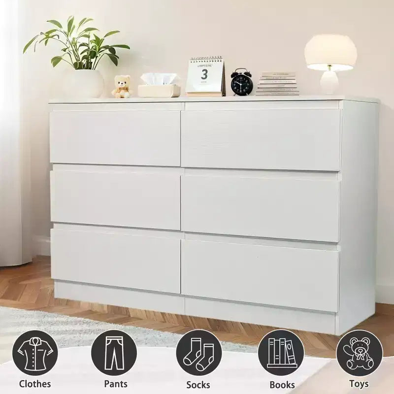 Commode blanche à 6 tiroirs, commode moderne pour chambre à coucher avec plateau spacieux, meuble en bois avec poignées dissimulées et 6 tiroirs profonds pour chambre à coucher
