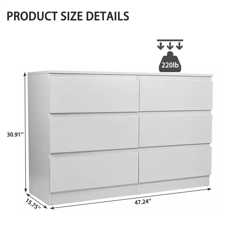Commode blanche à 6 tiroirs, commode moderne pour chambre à coucher avec plateau spacieux, meuble en bois avec poignées dissimulées et 6 tiroirs profonds pour chambre à coucher