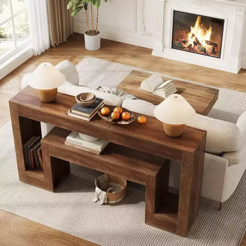 Console de Lantine de 63 pouces de long, table de canapé de ferme à 2 niveaux en bois derrière le canapé, table d'entrée étroite pour le couloir, le salon
