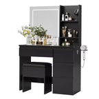 Modern Vanity Desk with Mirror and led light, 4 Drawers Storage Stool Shelves Hair Dryer Holder Makeup Table for Bedroom, Black