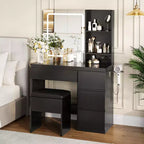 Coiffeuse moderne avec miroir et éclairage LED, 4 tiroirs de rangement, tabouret, étagères, support pour sèche-cheveux, table de maquillage pour chambre, noir