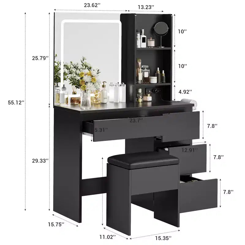 Coiffeuse moderne avec miroir et éclairage LED, 4 tiroirs de rangement, tabouret, étagères, support pour sèche-cheveux, table de maquillage pour chambre, noir