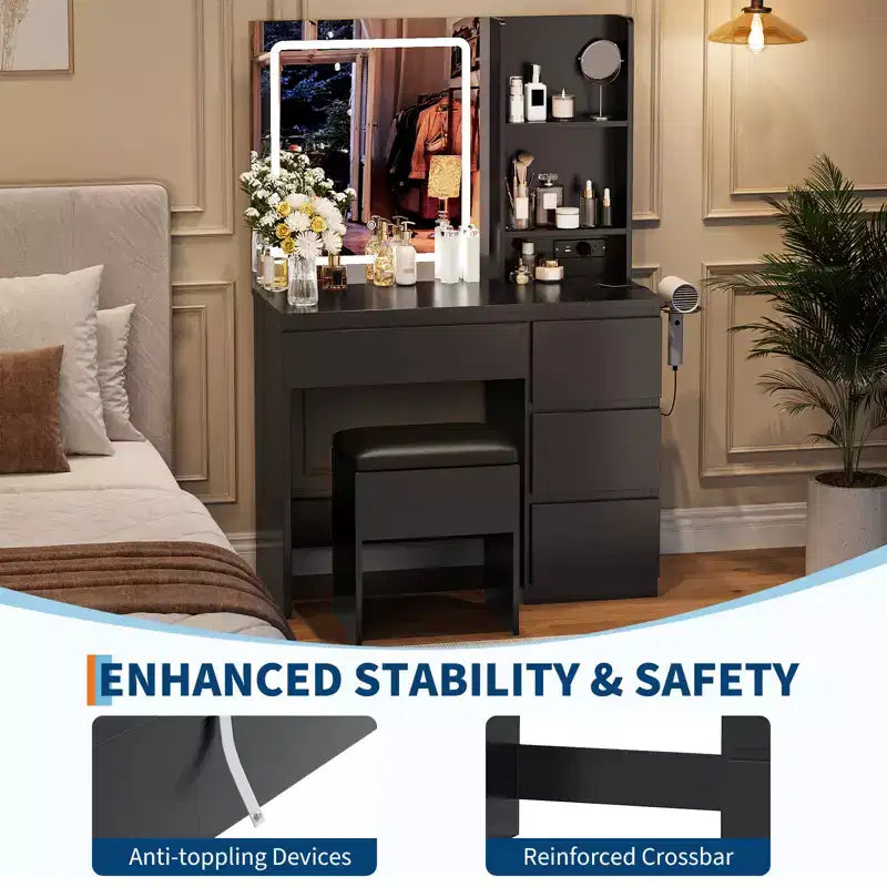 Coiffeuse moderne avec miroir et éclairage LED, 4 tiroirs de rangement, tabouret, étagères, support pour sèche-cheveux, table de maquillage pour chambre, noir