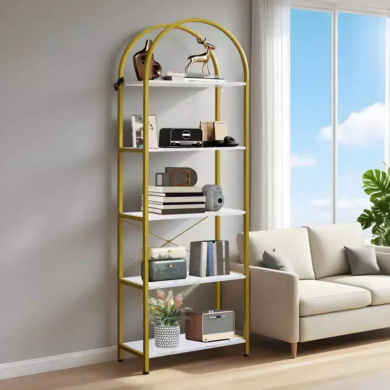 Étagère bibliothèque moderne à 5 niveaux - Structure en métal avec grandes étagères ouvertes en bois, meuble de rangement pour salon, chambre et bureau à domicile
