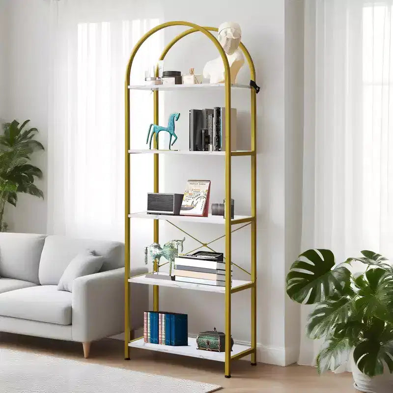 Étagère bibliothèque moderne à 5 niveaux - Structure en métal avec grandes étagères ouvertes en bois, meuble de rangement pour salon, chambre et bureau à domicile