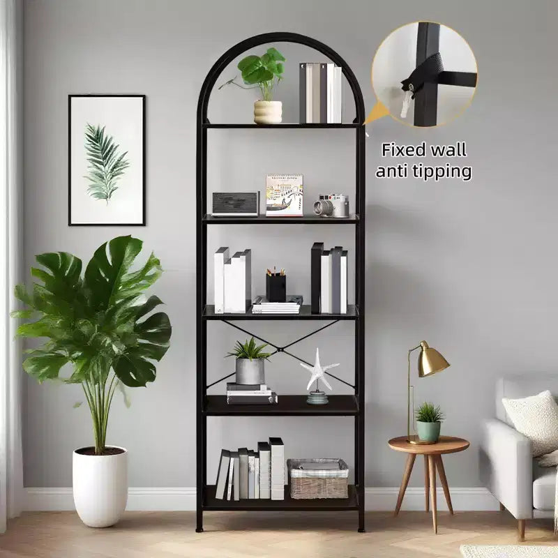 Étagère bibliothèque moderne à 5 niveaux - Structure en métal avec grandes étagères ouvertes en bois, meuble de rangement pour salon, chambre et bureau à domicile