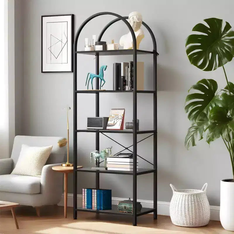 Étagère bibliothèque moderne à 5 niveaux - Structure en métal avec grandes étagères ouvertes en bois, meuble de rangement pour salon, chambre et bureau à domicile