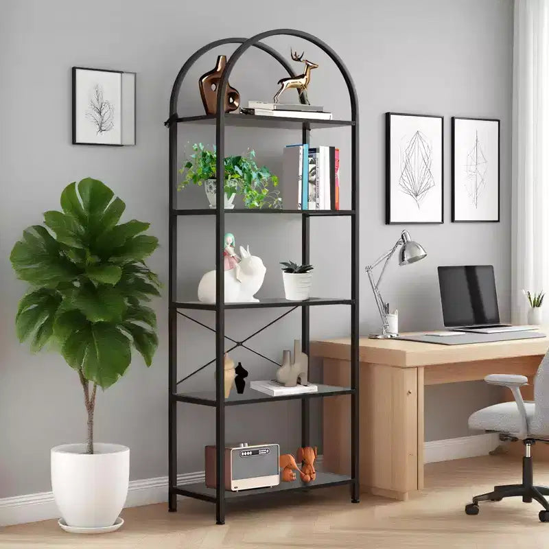 Étagère bibliothèque moderne à 5 niveaux - Structure en métal avec grandes étagères ouvertes en bois, meuble de rangement pour salon, chambre et bureau à domicile