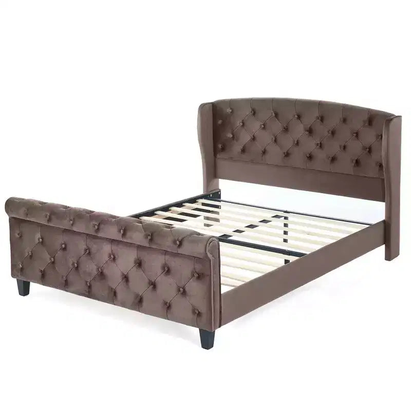 Whisen 43.3 Lit traîneau queen avec tête de lit capitonnée à oreilles, pied de lit à volutes, velours capitonné, quincaillerie résistante à la rouille. Support robuste