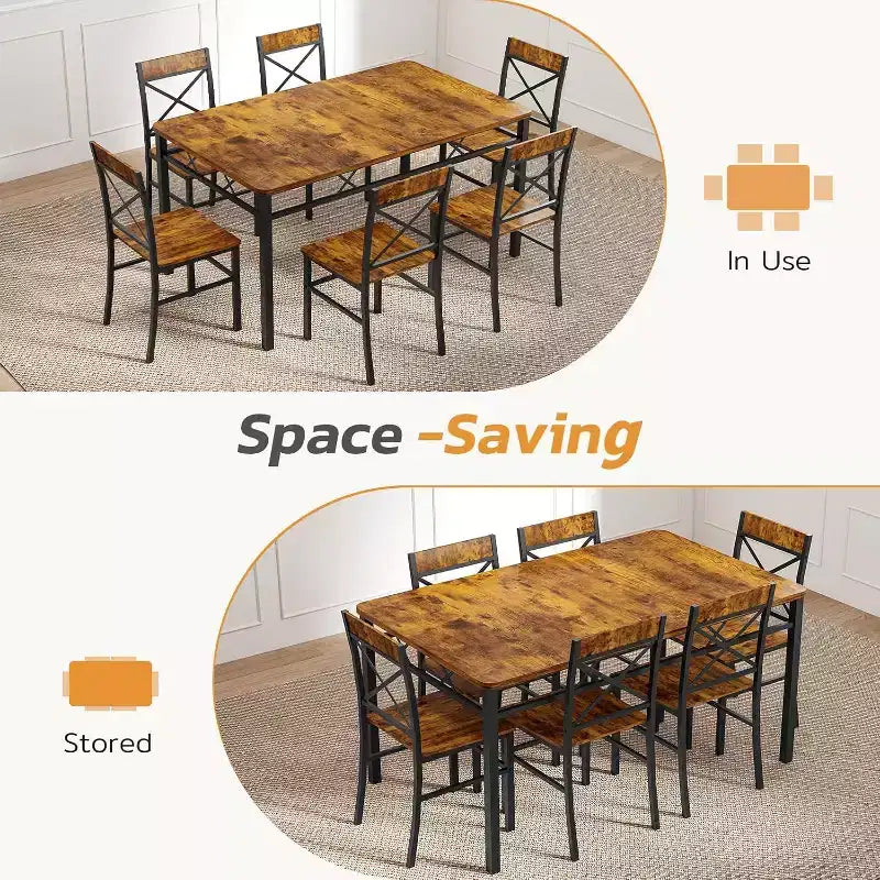 Zevemomo Ensemble table et chaises de salle à manger 7 pièces, ensemble de table de cuisine et 6 chaises avec dossier incurvé pour cuisine et salon, style ferme, marron