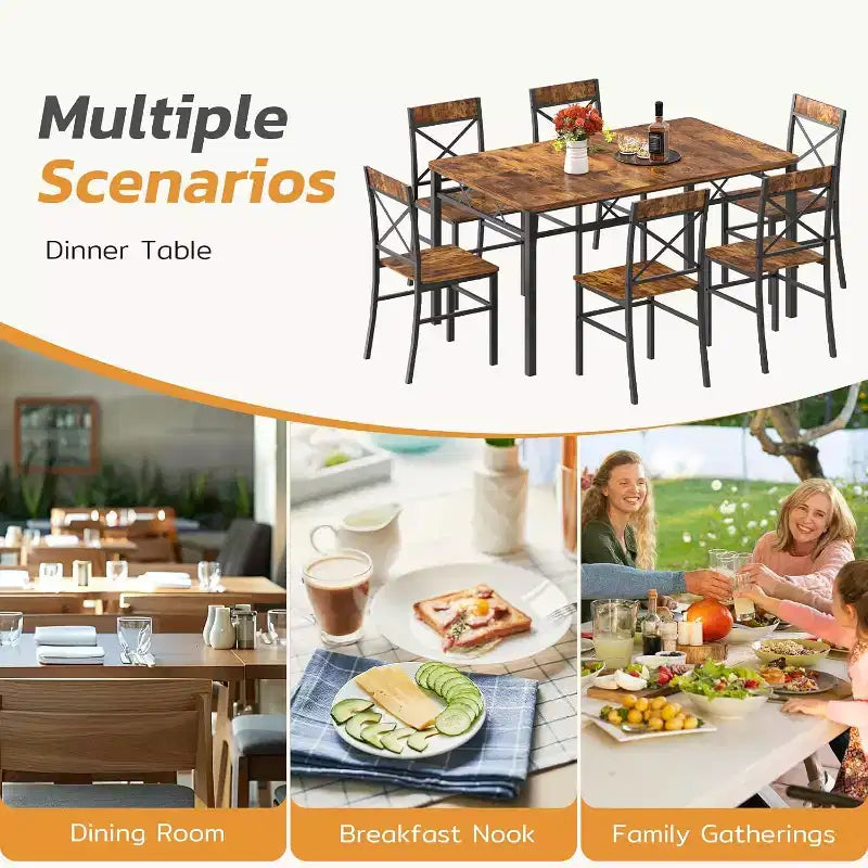 Zevemomo Ensemble table et chaises de salle à manger 7 pièces, ensemble de table de cuisine et 6 chaises avec dossier incurvé pour cuisine et salon, style ferme, marron