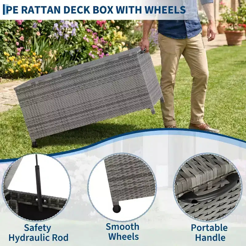COZONY Coffre de rangement d'extérieur avec roulettes, coffre de rangement en rotin PE étanche, grand conteneur de rangement de jardin pour patio, piscine, jardin.