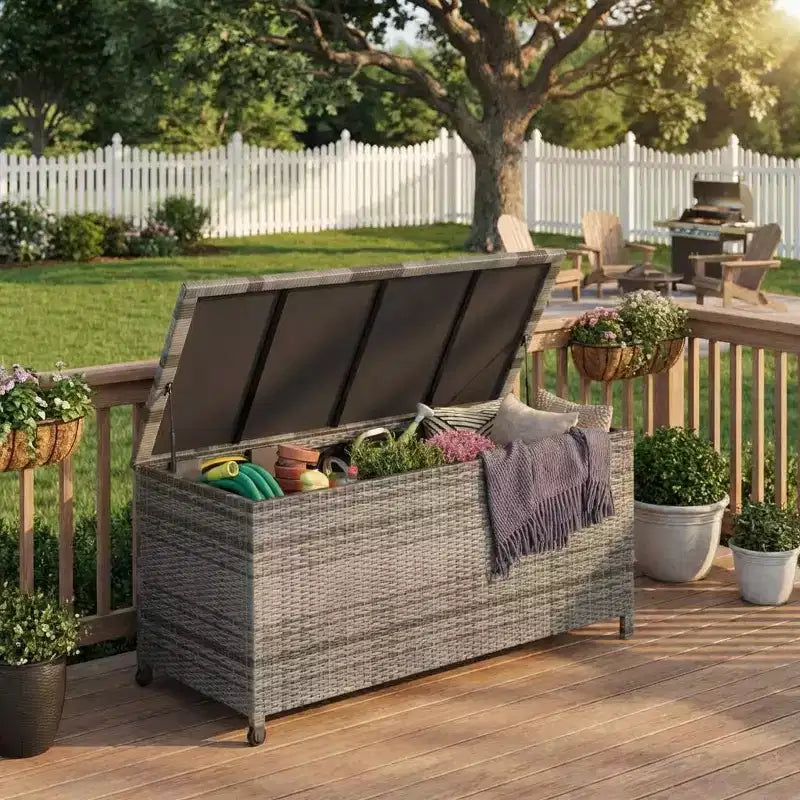 COZONY Coffre de rangement d'extérieur avec roulettes, coffre de rangement en rotin PE étanche, grand conteneur de rangement de jardin pour patio, piscine, jardin.