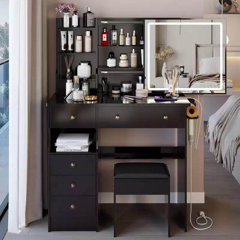Coiffeuse de luxe de 37 pouces avec miroir LED coulissant, rangement organisé, hub d'alimentation intégré, support pour sèche-cheveux et tabouret assorti pour chambre à coucher