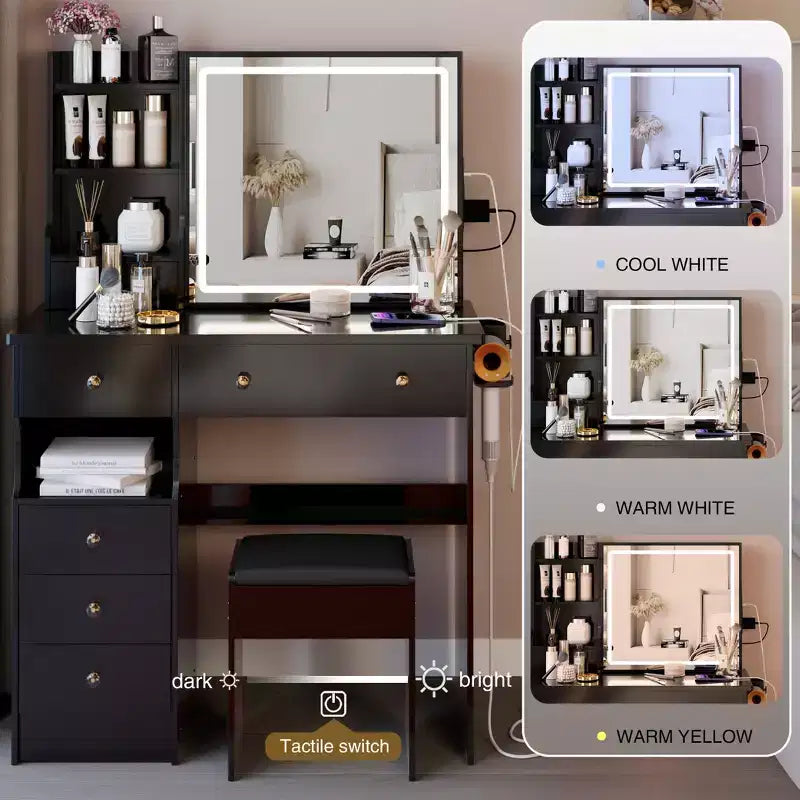 Coiffeuse de luxe de 37 pouces avec miroir LED coulissant, rangement organisé, hub d'alimentation intégré, support pour sèche-cheveux et tabouret assorti pour chambre à coucher