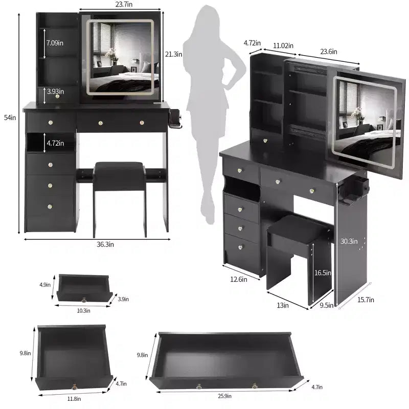 Coiffeuse de luxe de 37 pouces avec miroir LED coulissant, rangement organisé, hub d'alimentation intégré, support pour sèche-cheveux et tabouret assorti pour chambre à coucher