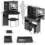 Coiffeuse de luxe de 37 pouces avec miroir LED coulissant, rangement organisé, hub d'alimentation intégré, support pour sèche-cheveux et tabouret assorti pour chambre à coucher