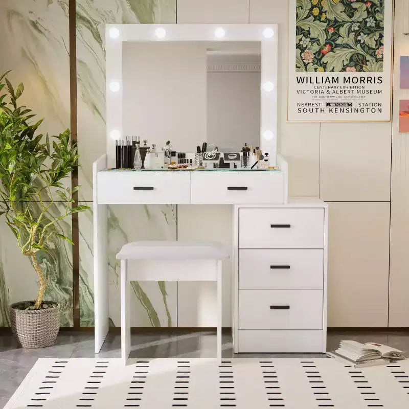Modern Makeup Vanity Desk with Mirror and Lights, 5 Drawers, Matching Stool and Open Shelves for Bedroom, White Finish