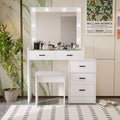 Modern Makeup Vanity Desk with Mirror and Lights, 5 Drawers, Matching Stool and Open Shelves for Bedroom, White Finish