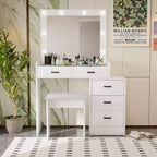 Modern Makeup Vanity Desk with Mirror and Lights, 5 Drawers, Matching Stool and Open Shelves for Bedroom, White Finish