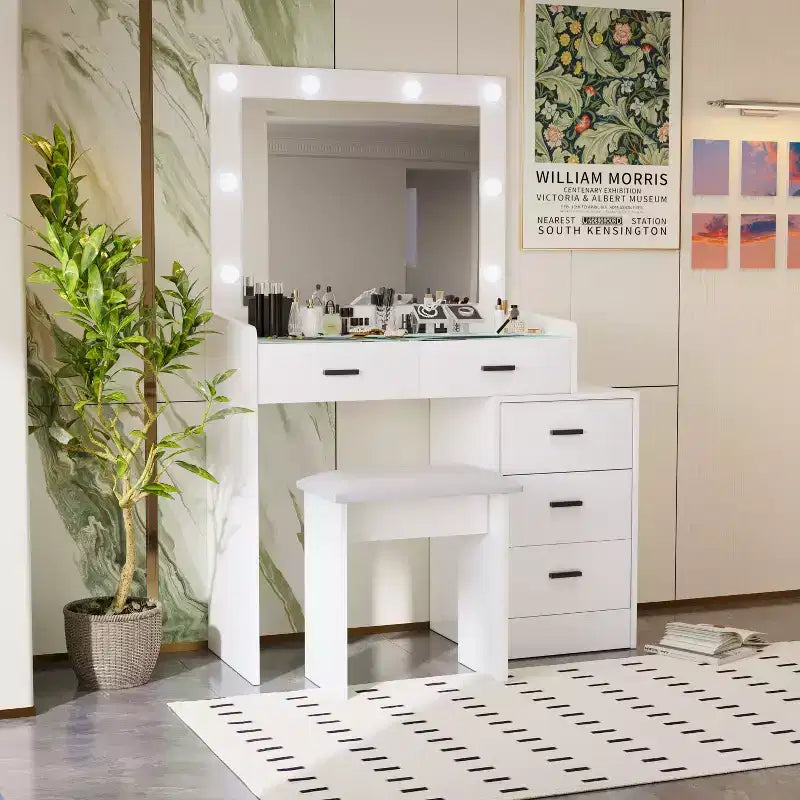 Coiffeuse moderne avec miroir et lumières, 5 tiroirs, tabouret assorti et étagères ouvertes pour chambre à coucher, finition blanche