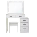Coiffeuse moderne avec miroir et lumières, 5 tiroirs, tabouret assorti et étagères ouvertes pour chambre à coucher, finition blanche