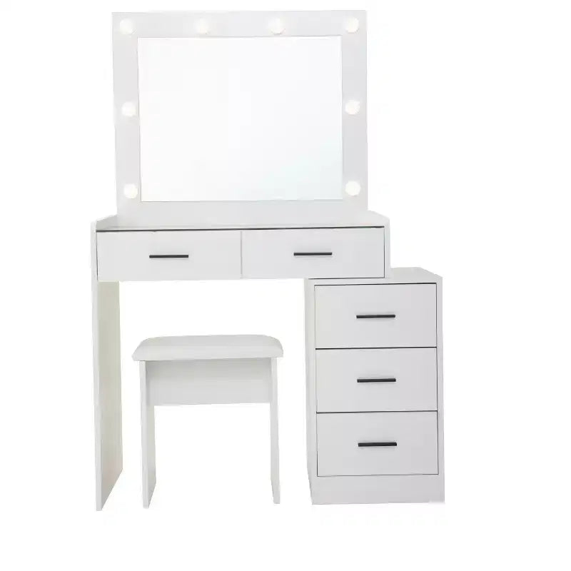 Coiffeuse moderne avec miroir et lumières, 5 tiroirs, tabouret assorti et étagères ouvertes pour chambre à coucher, finition blanche