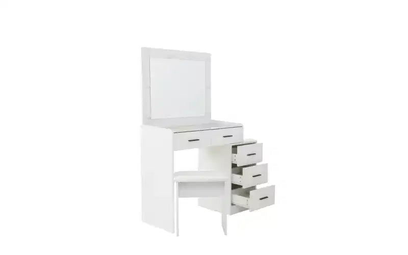 Coiffeuse moderne avec miroir et lumières, 5 tiroirs, tabouret assorti et étagères ouvertes pour chambre à coucher, finition blanche