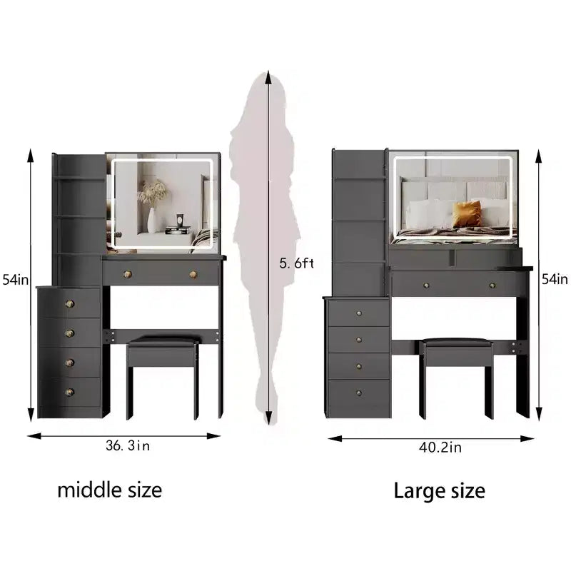 Coiffeuse de maquillage naturelle de 104 cm avec miroir LED tactile, armoire de rangement, meuble latéral et tabouret assorti pour chambre à coucher