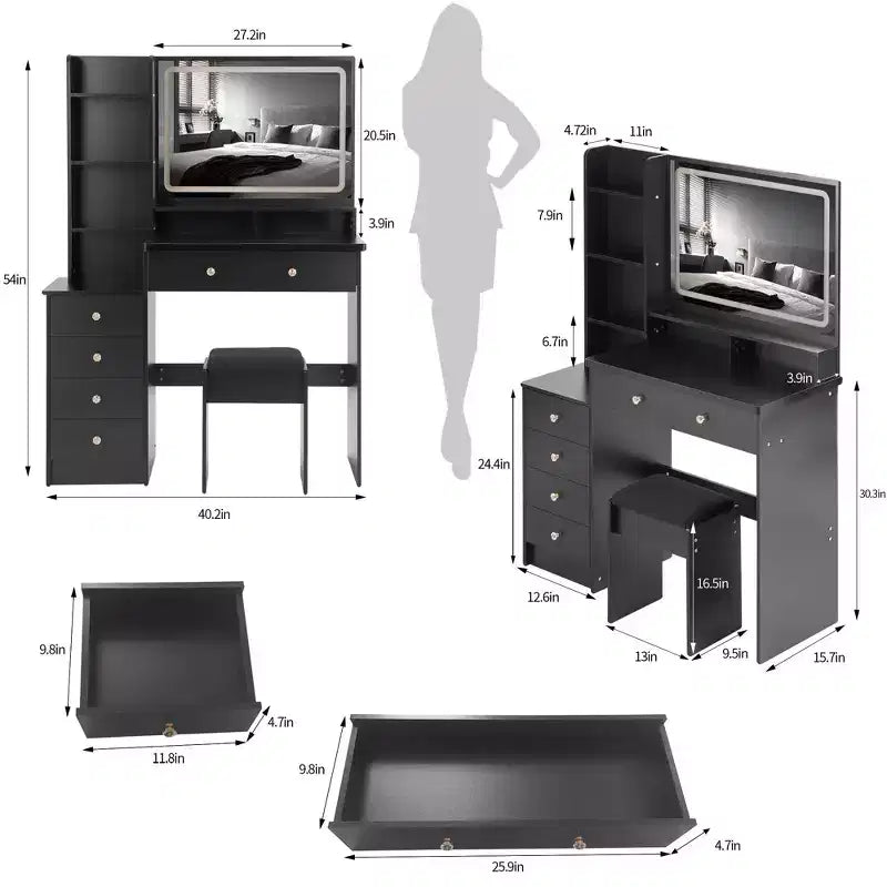 Coiffeuse de maquillage naturelle de 104 cm avec miroir LED tactile, armoire de rangement, meuble latéral et tabouret assorti pour chambre à coucher