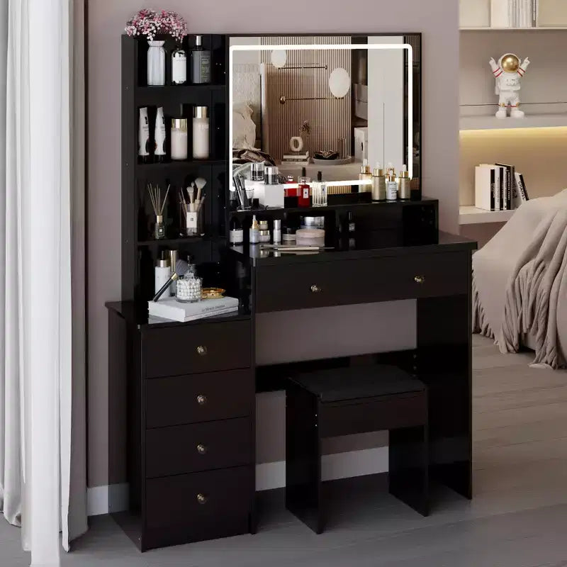 Coiffeuse de maquillage naturelle de 104 cm avec miroir LED tactile, armoire de rangement, meuble latéral et tabouret assorti pour chambre à coucher
